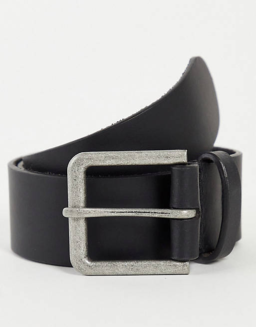 Hombre Cinturones | Cinturón ancho de cuero negro con hebilla en plateado antiguo de ASOS DESIGN - RS69004