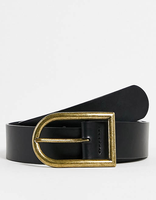 Hombre Cinturones | Cinturón ancho negro con hebilla dorada asimétrica de cuero sintético de ASOS DESIGN - OR51458
