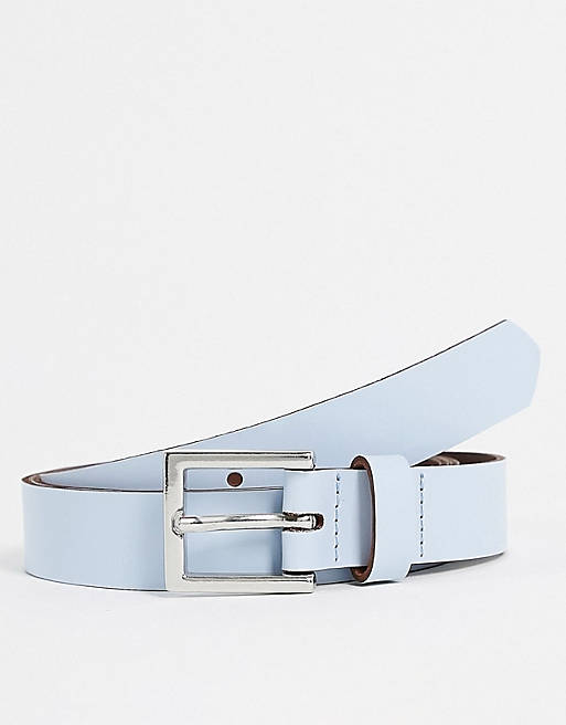 Hombre Cinturones | Cinturón azul claro estrecho de cuero de ASOS DESIGN - CD01555