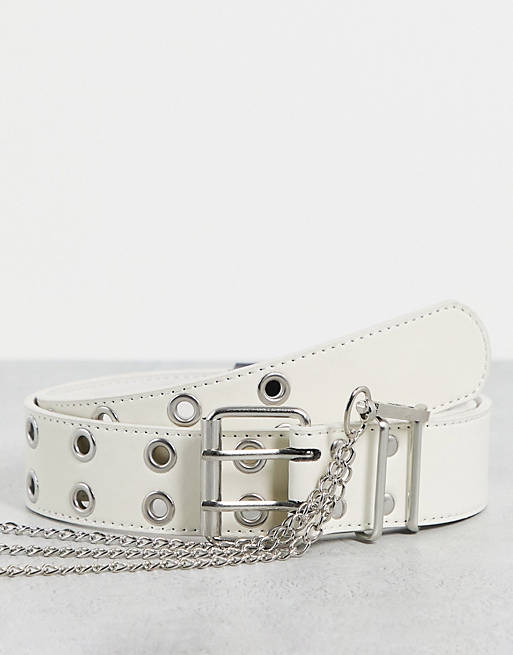 Mujer Cinturones | Cinturón blanco ancho para cintura y cadera con diseño de ojales y cadena de ASOS DESIGN - VD60556