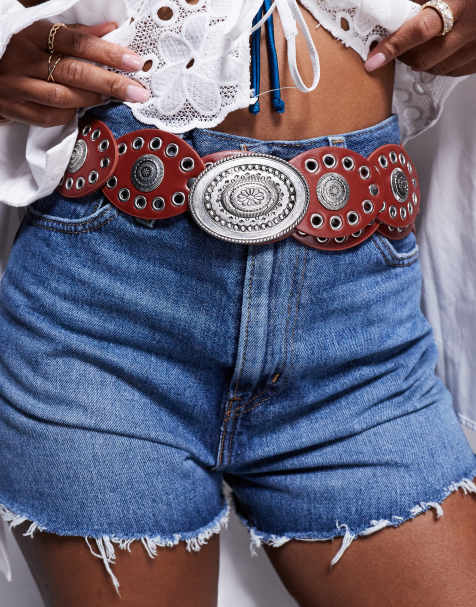 Cinturón burdeos de estilo boho con detalles circulares de South Beach - view 1
