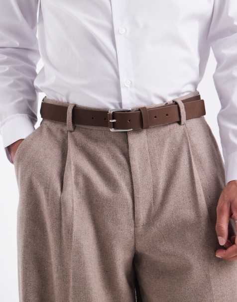 Cinturón de vestir marrón con hebilla plateada con extremo revestido de nobuk premium de ASOS DESIGN - view 1
