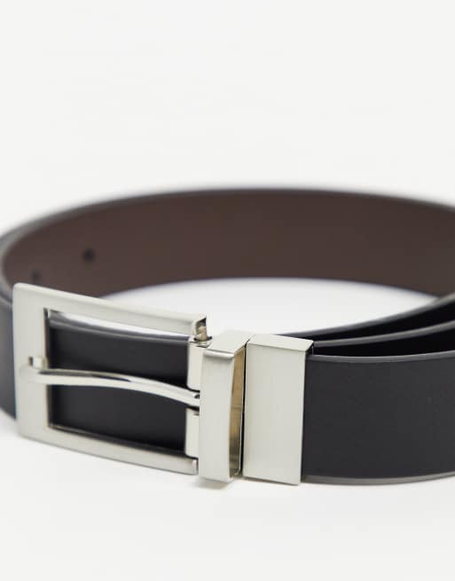 Cinturón de vestir marrón y negro reversible de cuero sintético con hebilla plateada de ASOS DESIGN, 2 de 4
