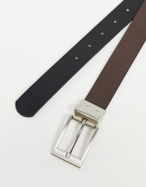 Cinturón de vestir marrón y negro reversible de cuero sintético con hebilla plateada de ASOS DESIGN, 3 de 4