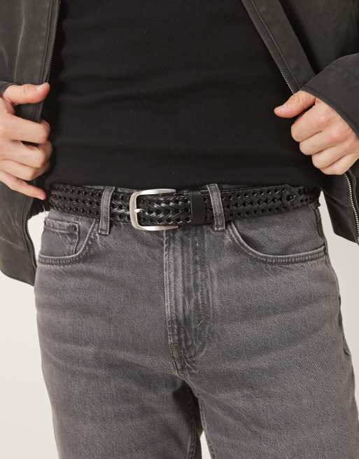 Cinturón de vestir negro con diseño trenzado de cuero y hebilla plateada de ASOS DESIGN