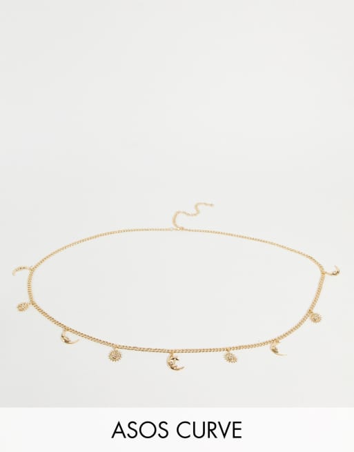 Cinturón dorado para cadera y cintura con diseño de sol y luna de cadena de ASOS DESIGN Curve 