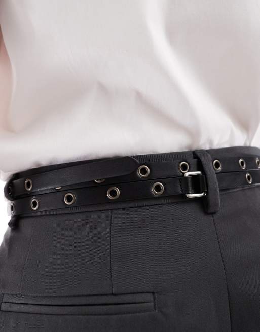 Cinturón estrecho con diseño de doble correa y tachuelas de cuero sintético de ASOS DESIGN, 3 de 3