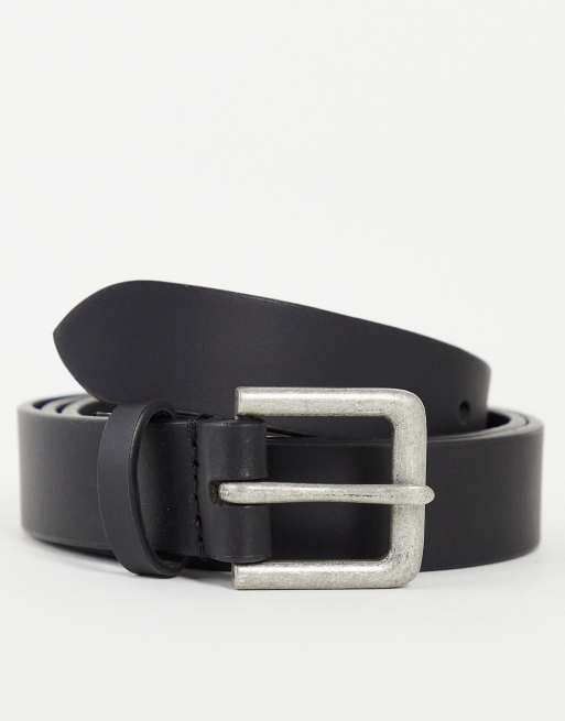 Cinturón estrecho de cuero en negro con hebilla plateada de ASOS DESIGN