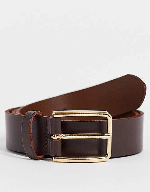 Hombre Cinturones | Cinturón estrecho de cuero marrón con hebilla dorada de ASOS DESIGN - UL67631