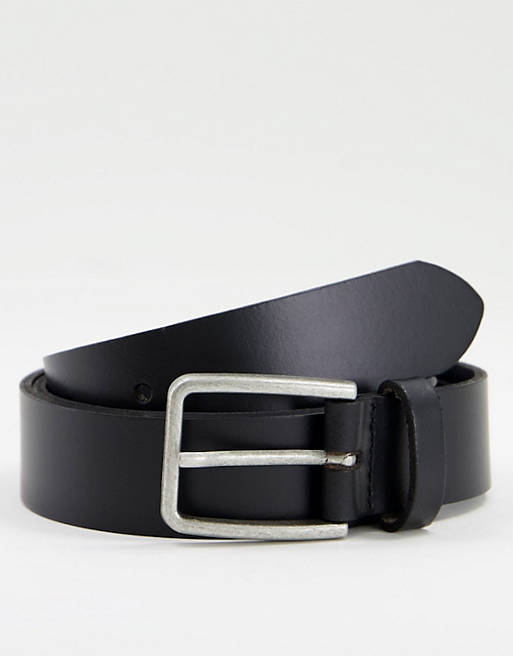 Hombre Cinturones | Cinturón estrecho negro de cuero con hebilla plateada cuadrada de ASOS DESIGN - YU78435