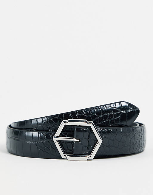 Hombre Cinturones | Cinturón estrecho negro de cuero sintético con hebilla hexagonal de ASOS DESIGN - PA01704