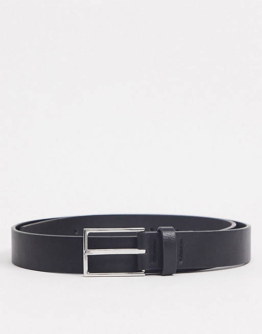Hombre Cinturones | Cinturón estrecho negro de cuero sintético con hebilla plateada de ASOS DESIGN - TA85553