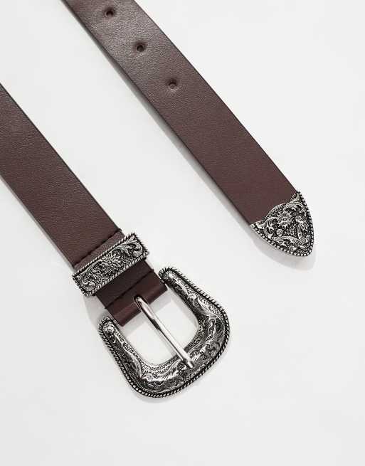 Cinturón marrón de cuero sintético con hebilla plateada estilo wéstern de ASOS DESIGN, 2 de 4