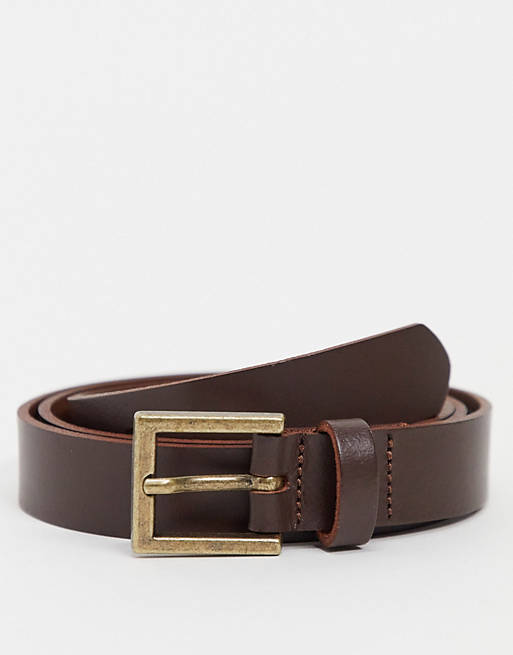 Hombre Cinturones | Cinturón marrón estrecho de cuero con hebilla dorada de ASOS DESIGN - ZW59552