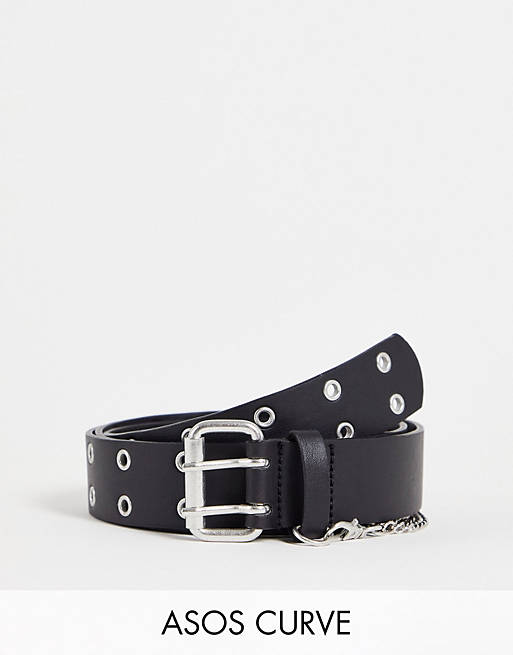 Mujer Cinturones | Cinturón negro ancho para cintura y cadera con diseño de ojales y cadena de ASOS DESIGN Curve - GB34653
