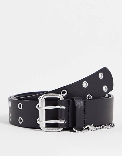 Mujer Cinturones | Cinturón negro ancho para cintura y cadera con diseño de ojales y cadena de ASOS DESIGN - KS79662