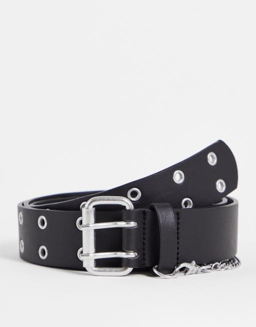 Cinturón negro ancho para cintura y cadera con diseño de ojales y cadena de ASOS DESIGN