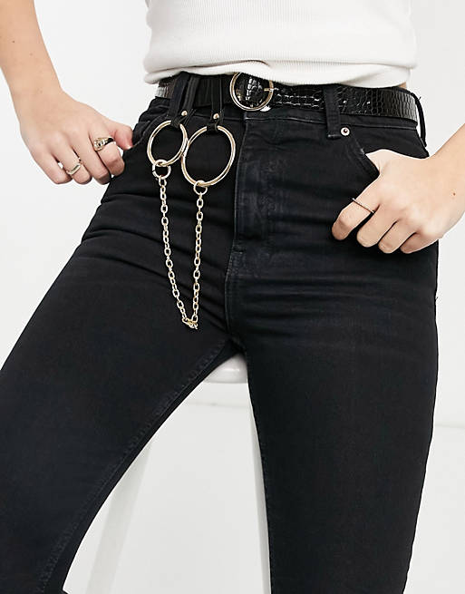 Mujer Cinturones | Cinturón negro con cadenas doradas ajustables de Pieces - TQ40536