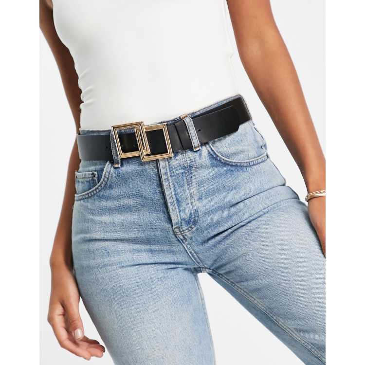 Cinturón negro diseño de doble cuadrado para vaqueros de tiro alto y bajo de ASOS DESIGN | ASOS