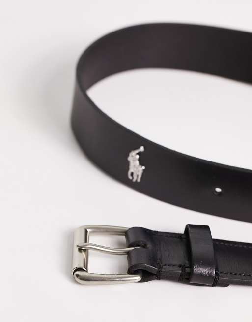Cinturón negro con logo de pony de cuero de Polo Ralph Lauren, 3 de 4