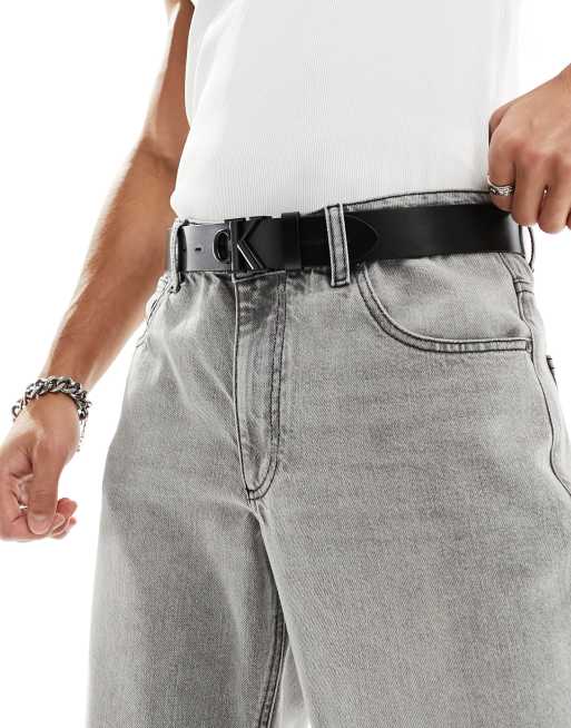 Cinturón negro de 35 mm de cuero con hebilla de placa de monograma de Calvin Klein Jeans