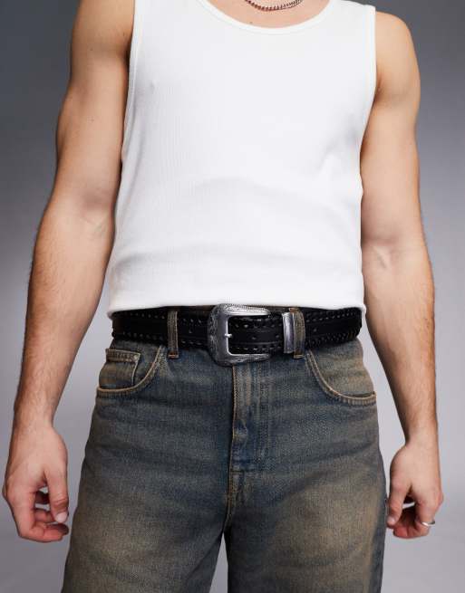 Cinturón negro de cuero sintético con hebilla de estilo wéstern y detalles entretejidos de ASOS DESIGN