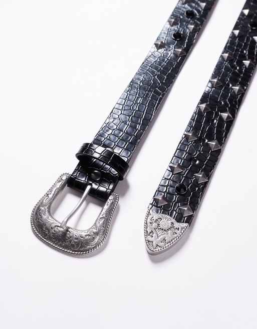 Cinturón negro de estilo wéstern de cuero sintético efecto cocodrilo con tachuelas de cristal de ASOS DESIGN, 2 de 3
