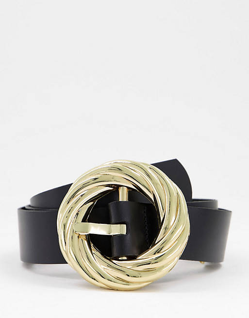 Mujer Cinturones | Cinturón negro de vaqueros para cadera y cintura con hebilla llamativa de cuero de ASOS DESIGN - GU67645