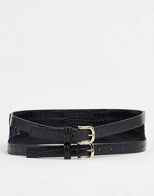 Mujer Cinturones | Cinturón negro efecto cocodrilo con doble hebilla de ASOS DESIGN - XZ50344
