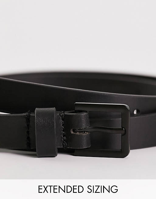 Hombre Cinturones | Cinturón negro estrecho de cuero con hebilla negra mate de ASOS DESIGN - QY19936