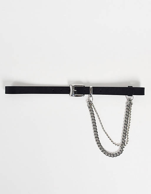 Hombre Cinturones | Cinturón negro estrecho de cuero sintético con cadena plateada de ASOS DESIGN - YB52956