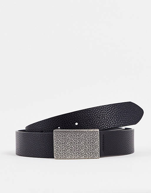Hombre Cinturones | Cinturón negro fino de cuero sintético con hebilla texturizada de ASOS DESIGN - XM29359