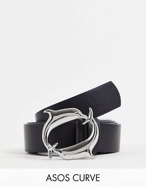 Mujer Cinturones | Cinturón negro para cadera y cintura con hebilla ovalada con diseño de delfines de ASOS DESIGN Curve - HP84129