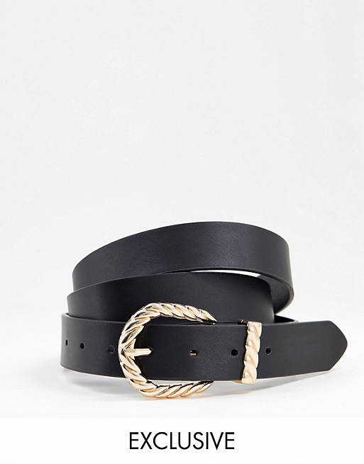 Mujer Cinturones | Cinturón negro para cadera y cintura de poliuretano reciclado con hebilla retorcida metálica exclusivo de Glamorous Curve - QB06606