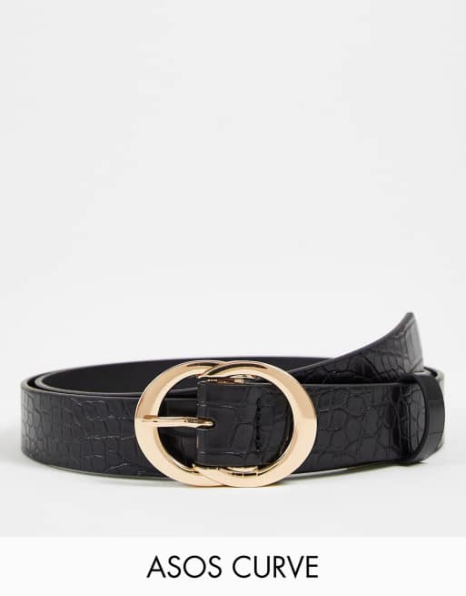 Cinturón negro para cintura y cadera con efecto cocodrilo y hebilla de dos círculos de ASOS DESIGN Curve
