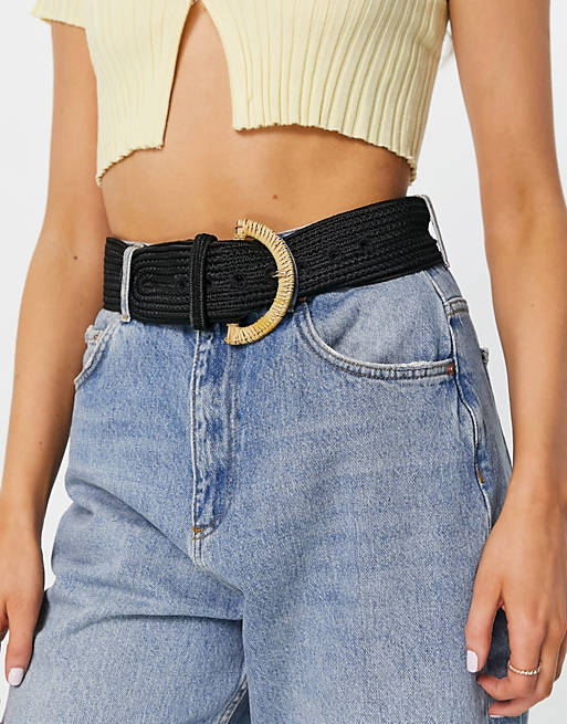 Mujer Cinturones | Cinturón negro para la cintura con hebilla de paja de ASOS DESIGN - ZN14251