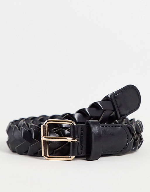 Hombre Cinturones | Cinturón negro trenzado estrecho de cuero sintético de ASOS DESIGN - ZE54108