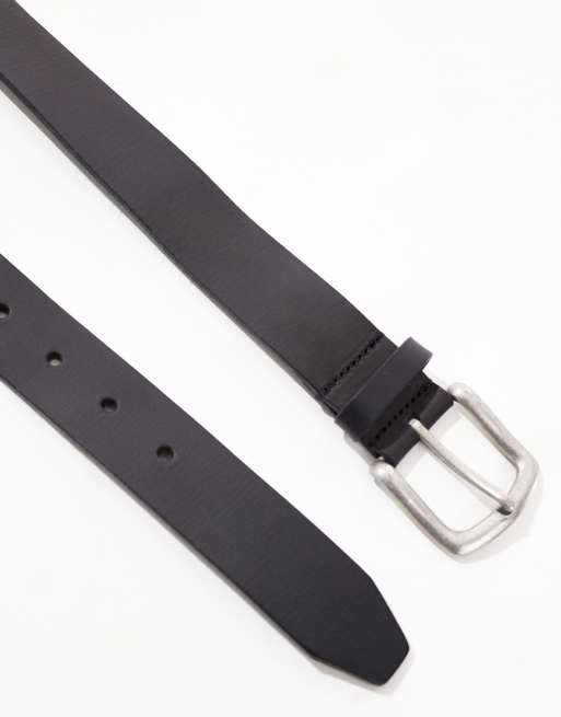 Cinturón negro vintage de cuero con hebilla plateada pulida de ASOS DESIGN