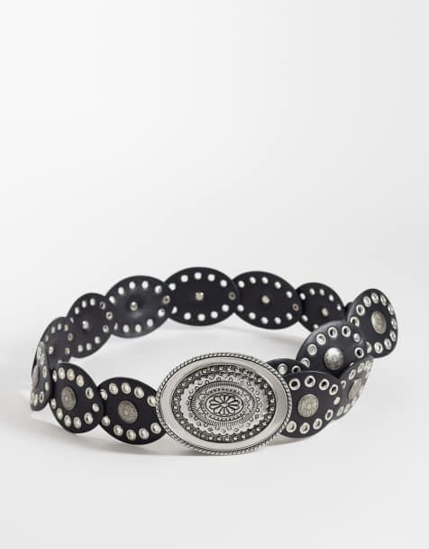 Cinturón negro y plateado estrecho con diseño de discos de Reclaimed Vintage - view 1