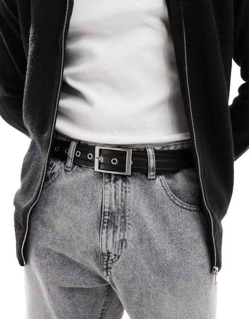 Cinturón negros de cuero sintético con detalle de pespuntes y hebilla rectangular de ASOS DESIGN, 4 de 4