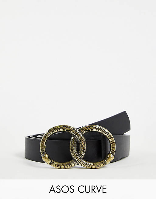 Mujer Cinturones | Cinturón para cadera y cintura negro con hebilla doble de serpientes de ASOS DESIGN Curve - NU29369
