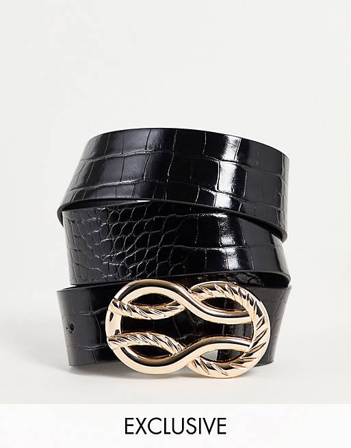 Mujer Cinturones | Cinturón para cadera y cintura negro de poliuretano reciclado con hebilla retorcida con diseño entrelazado exclusivo de Glamorous - ZC63060
