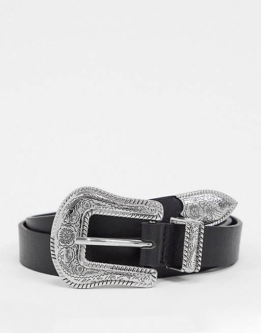 Cinturón para vaqueros negro con diseño para cadera y cintura con hebilla tipo western de Glamorous 