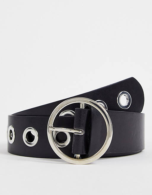 Mujer Cinturones | Cinturón para vaqueros para cintura y cadera negro con hebilla redonda y ojales plateados exclusivo de My Accessories London - DG88058