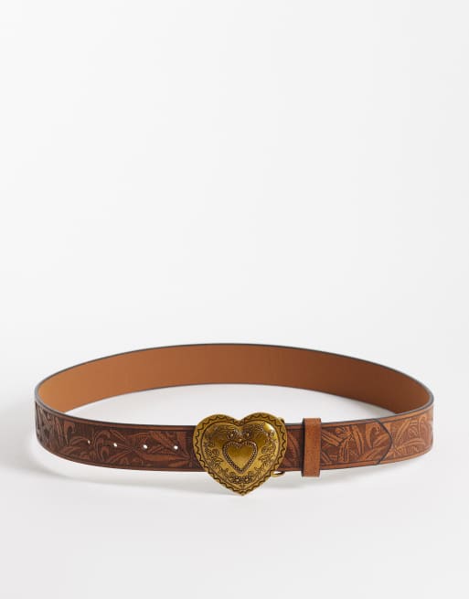 Cinturón tostado de estilo vintage con hebilla en forma de corazón de South Beach 