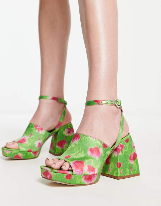 Circus NY – Miranda – Absatzsandalen mit Print in Grün und Rosa, Knöchelriemchen und klobiger Sohle