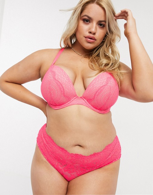 City Chic Curve lace trim hipster in neon pink