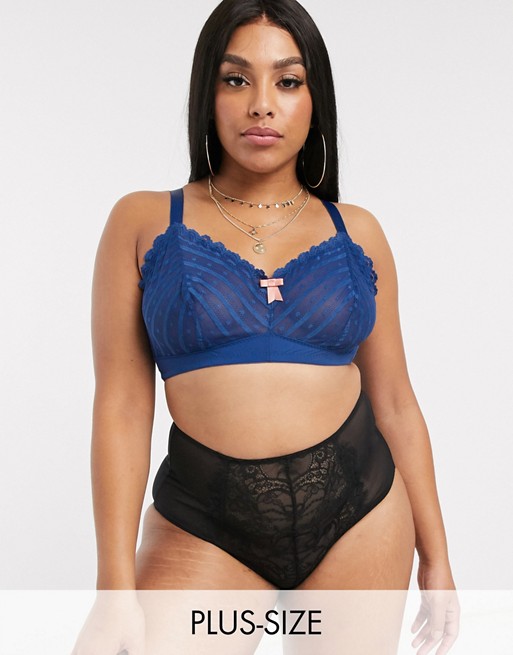 City Chic Curve Layla lace and spot mesh non padded bra in cobalt blue
