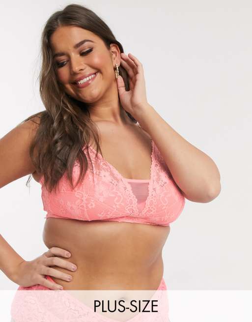 City Chic Curve Sexy Glam lace bralette in coral