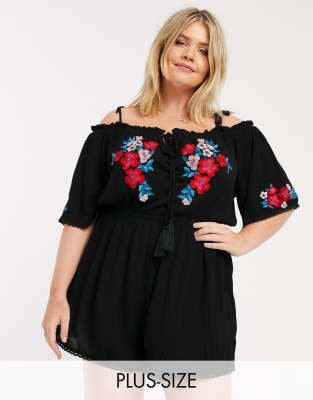 City Chic floral embroidered off the shoulder romper in black